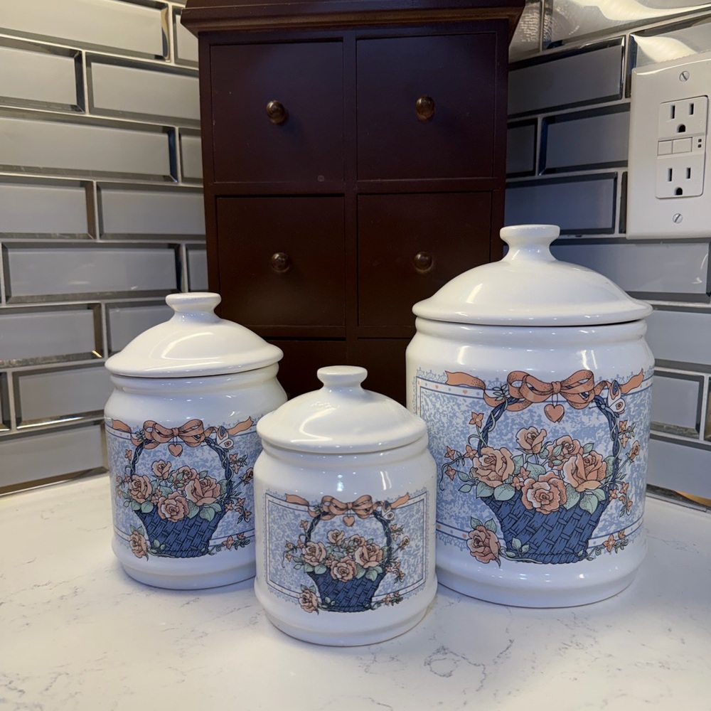 Vintage Floral Basket Ceramic Canister Set - 3 Piece